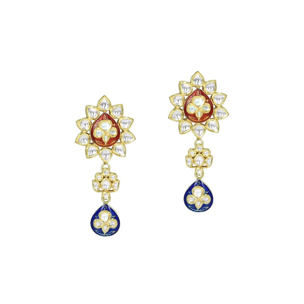 Floral Polki Earrings with Red and Blue Enamel